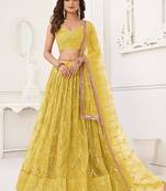 Yellow Net Embroidered & Thread Work Semi Stitched Lehenga Choli