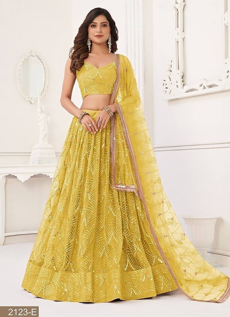 Yellow Net Embroidered & Thread Work Semi Stitched Lehenga Choli