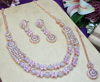 Purple rose gold premium designer american diamond and stone work necklace set 3