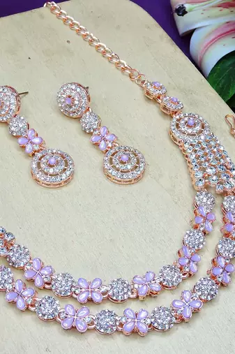 Purple rose gold premium designer american diamond and stone work necklace set