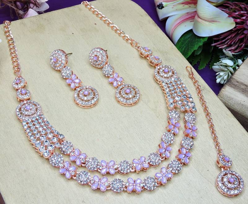 Purple rose gold premium designer american diamond and stone work necklace set