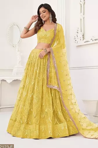 Yellow Net Embroidered & Thread Work Semi Stitched Lehenga Choli