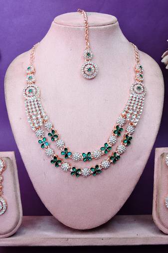 Green rose gold premium designer american diamond and stone work necklace set