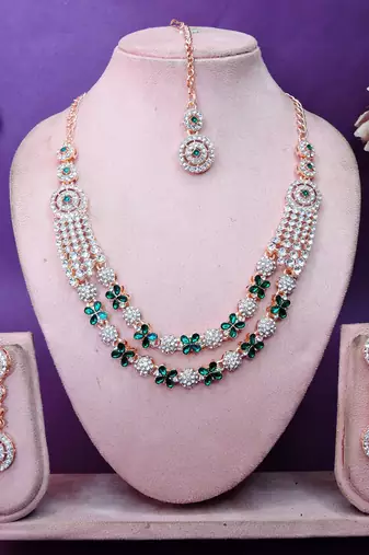 Green rose gold premium designer american diamond and stone work necklace set