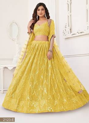 Yellow Net Embroidered & Thread Work Semi Stitched Lehenga Choli 3
