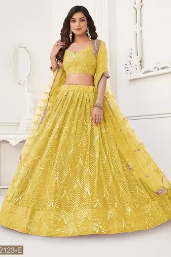 Yellow Net Embroidered & Thread Work Semi Stitched Lehenga Choli