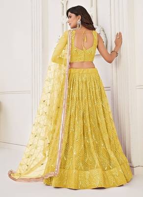 Yellow Net Embroidered & Thread Work Semi Stitched Lehenga Choli 4