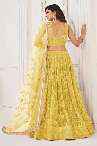 Yellow Net Embroidered & Thread Work Semi Stitched Lehenga Choli