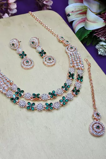 Green rose gold premium designer american diamond and stone work necklace set
