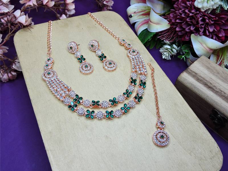 Green rose gold premium designer american diamond and stone work necklace set