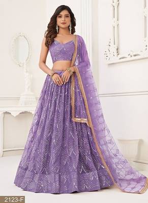 Lavender Net Embroidered & Thread Work Semi Stitched Lehenga Choli 1