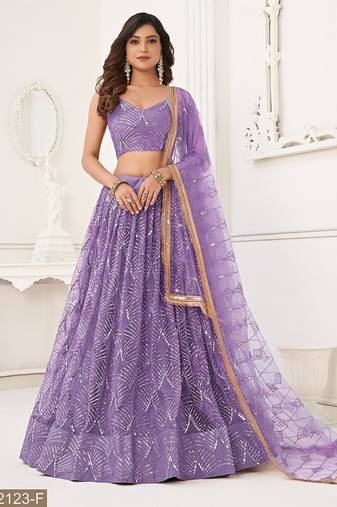 Lavender Net Embroidered & Thread Work Semi Stitched Lehenga Choli