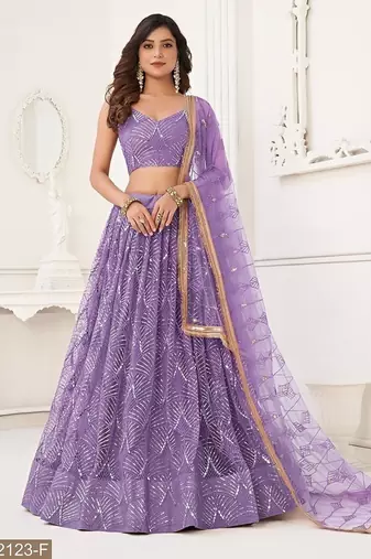 Lavender Net Embroidered & Thread Work Semi Stitched Lehenga Choli