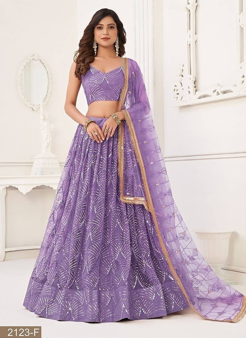 Lavender Net Embroidered & Thread Work Semi Stitched Lehenga Choli