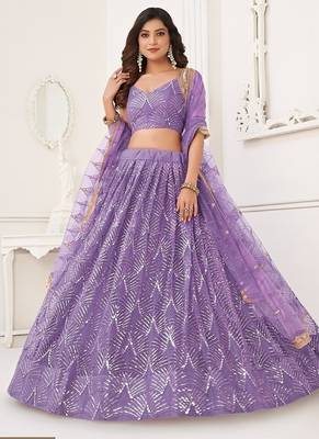 Lavender Net Embroidered & Thread Work Semi Stitched Lehenga Choli 2
