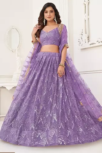 Lavender Net Embroidered & Thread Work Semi Stitched Lehenga Choli