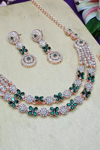 Green rose gold premium designer american diamond and stone work necklace set