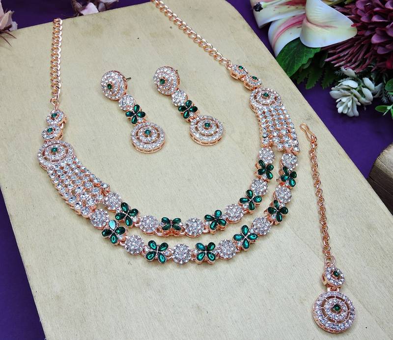 Green rose gold premium designer american diamond and stone work necklace set