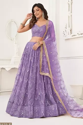 Lavender Net Embroidered & Thread Work Semi Stitched Lehenga Choli