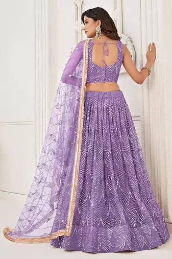 Lavender Net Embroidered & Thread Work Semi Stitched Lehenga Choli