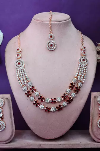Maroon rose gold premium designer american diamond and stone work necklace set