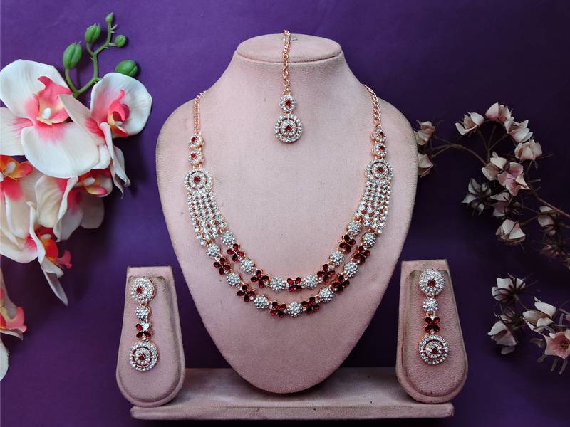 Maroon rose gold premium designer american diamond and stone work necklace set