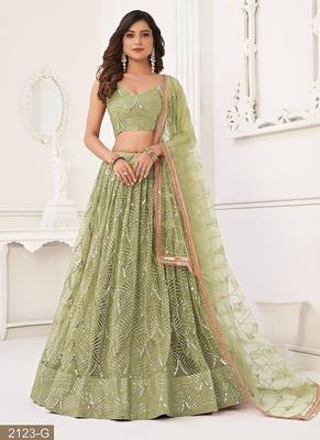 Green Net Embroidered & Thread Work Semi Stitched Lehenga Choli 1