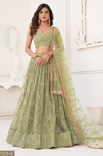 Green Net Embroidered & Thread Work Semi Stitched Lehenga Choli