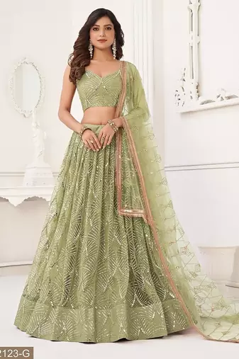 Green Net Embroidered & Thread Work Semi Stitched Lehenga Choli