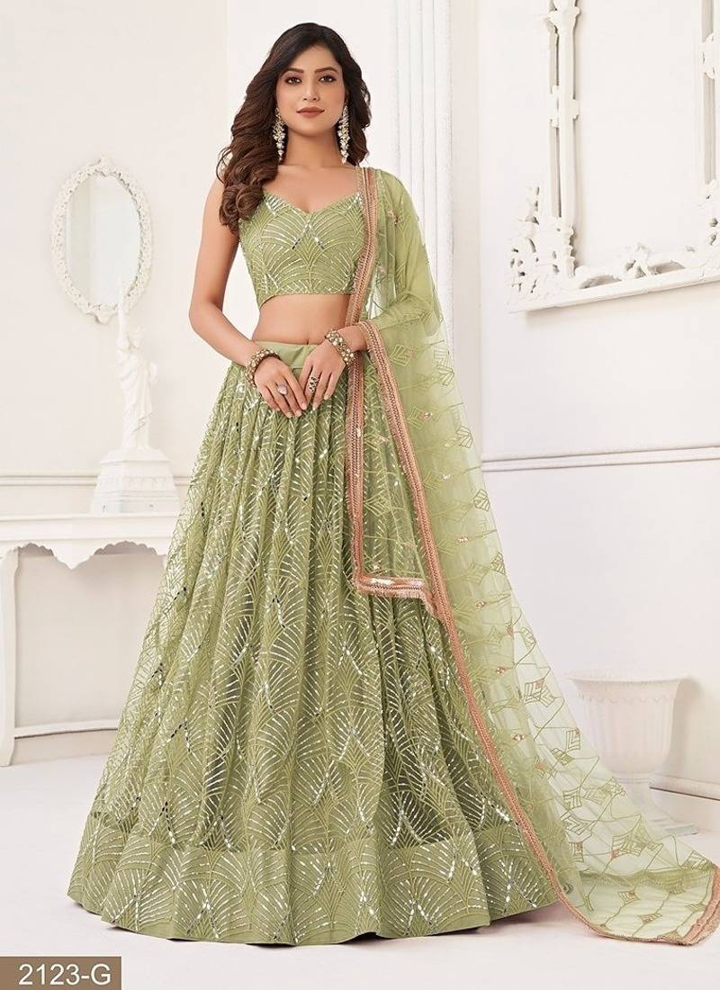 Green Net Embroidered & Thread Work Semi Stitched Lehenga Choli