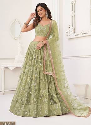 Green Net Embroidered & Thread Work Semi Stitched Lehenga Choli 2