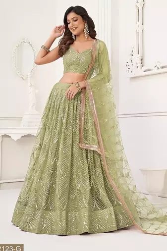 Green Net Embroidered & Thread Work Semi Stitched Lehenga Choli