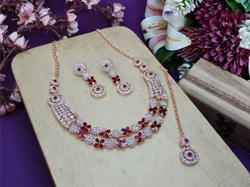 Maroon rose gold premium designer american diamond and stone work necklace set 2