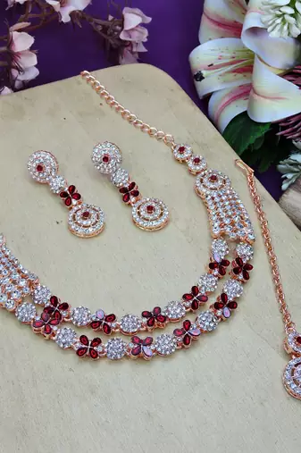Maroon rose gold premium designer american diamond and stone work necklace set