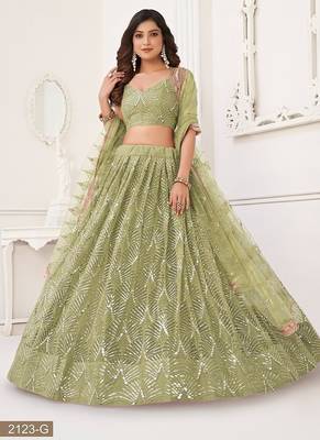 Green Net Embroidered & Thread Work Semi Stitched Lehenga Choli 3