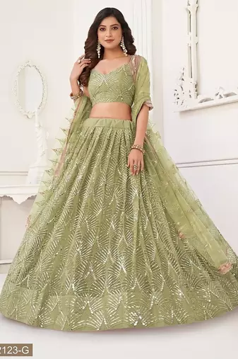 Green Net Embroidered & Thread Work Semi Stitched Lehenga Choli