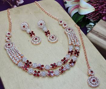Maroon rose gold premium designer american diamond and stone work necklace set 3