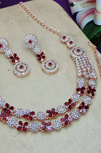 Maroon rose gold premium designer american diamond and stone work necklace set