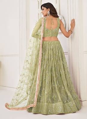 Green Net Embroidered & Thread Work Semi Stitched Lehenga Choli 4