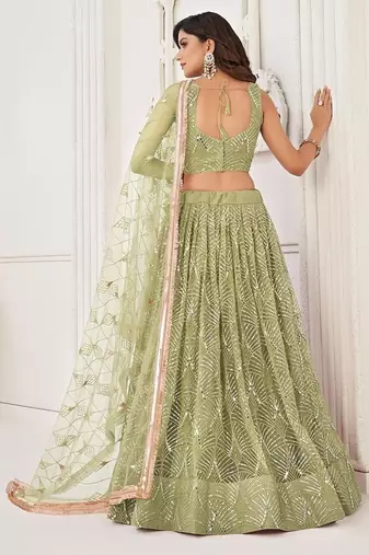 Green Net Embroidered & Thread Work Semi Stitched Lehenga Choli