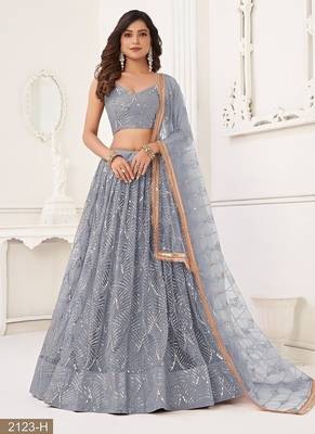 Light Grey Net Embroidered & Thread Work Semi Stitched Lehenga Choli 1
