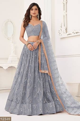 Light Grey Net Embroidered & Thread Work Semi Stitched Lehenga Choli