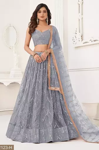 Light Grey Net Embroidered & Thread Work Semi Stitched Lehenga Choli