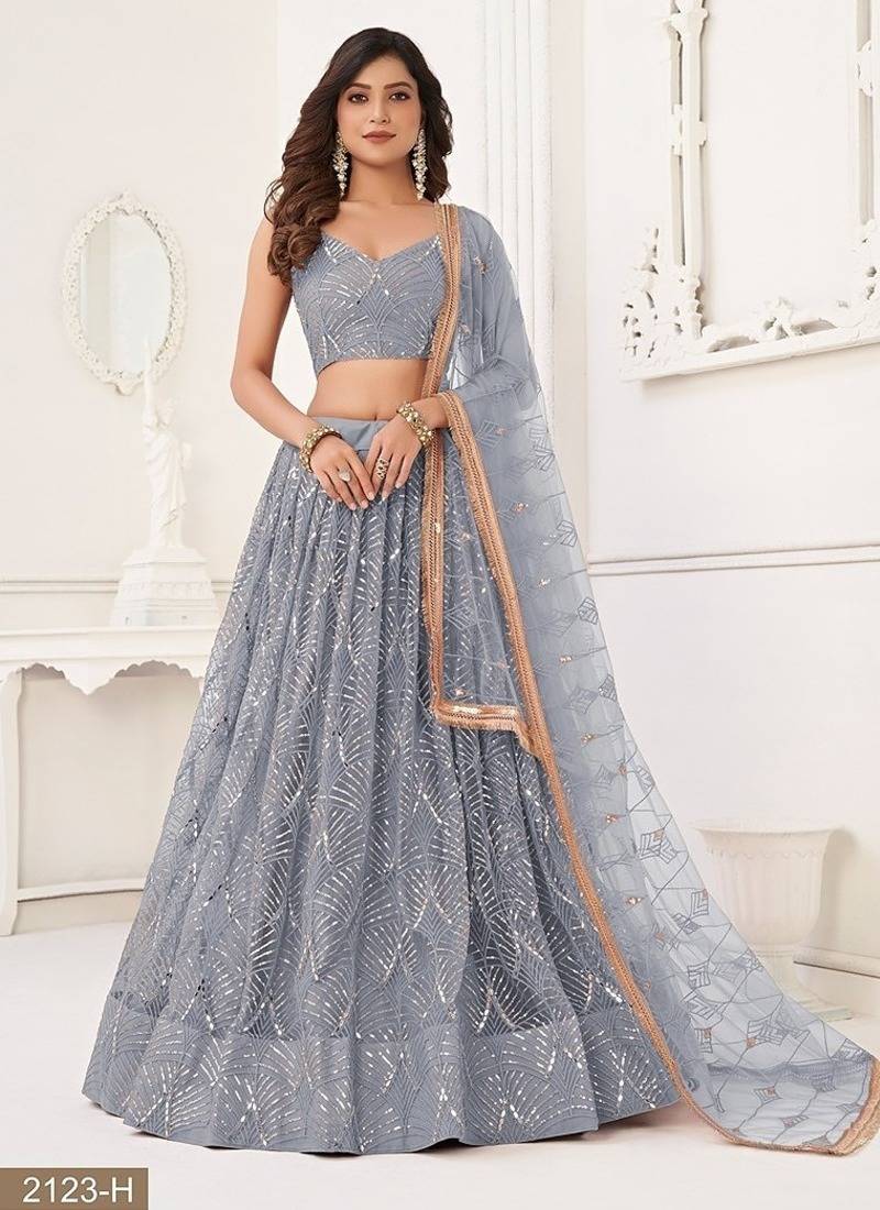 Light Grey Net Embroidered & Thread Work Semi Stitched Lehenga Choli