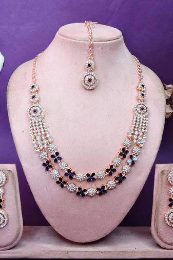 Blue rose gold premium designer american diamond and stone work necklace set