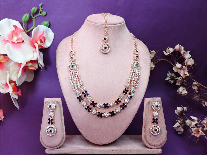 Blue rose gold premium designer american diamond and stone work necklace set