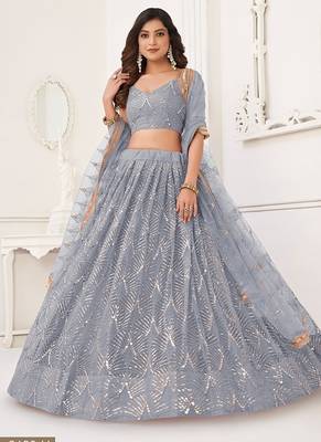 Light Grey Net Embroidered & Thread Work Semi Stitched Lehenga Choli 2