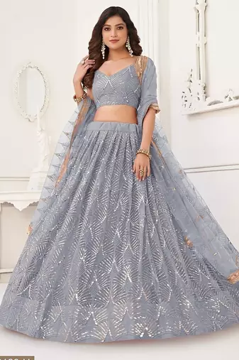 Light Grey Net Embroidered & Thread Work Semi Stitched Lehenga Choli