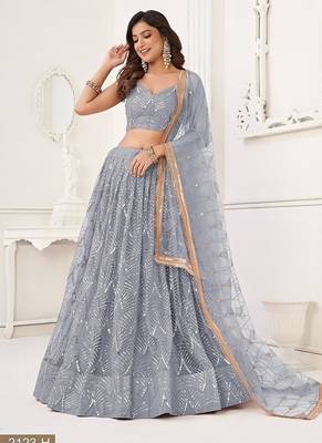 Light Grey Net Embroidered & Thread Work Semi Stitched Lehenga Choli 3