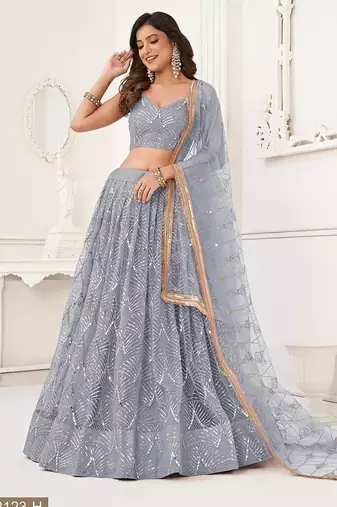 Light Grey Net Embroidered & Thread Work Semi Stitched Lehenga Choli